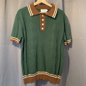 OXKNITSTORE Mens 60s Green Knit Polo Shirt M Brown Collar Cuffs Retro Preppy Mod